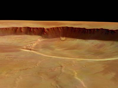 À l'intérieur de la caldeira d'Olympus Mons. Image en trois dimension réalisée grâce aux clichés et données altimétriques pris par Mars Express. Le côté de l'image représente 40 km.