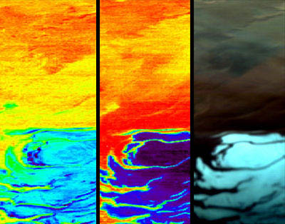  Omega a observé la calotte polaire le 18 janvier. De gauche à droite : l'eau (H2O) sous forme de glace, le dioxyde de carbone (CO2), et la photo en couleurs réelles. Crédit ESA