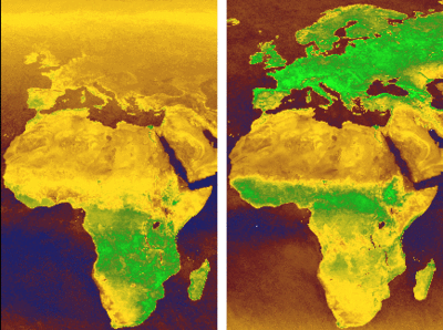 Vegetation map of Europe and Africa in July and January