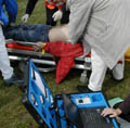 A 'victim' being taken to the mobile field hospital