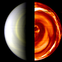Imágenes compuestas en colores falsos del Polo Sur de Venus, tomadas durante el día a la izquierda y de noche a la derecha. Crédito Venus Express/ESA.