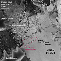 Superimposed Envisat images show margins of the collapsed ice br