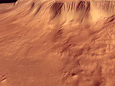 Les flancs du volcan Olympus Mons vus en trois dimensions grâce à la caméra HRSC de Mars Express (crédit : ESA/DLR/FU Berlin - G. Neukum)
