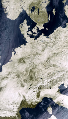 satellite image of snow-covered Europe