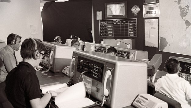 Control room at ESOC, the European Space Operations Centre, Darmstadt, Germany, in 1969.