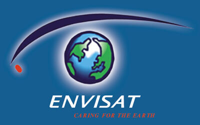Envisatin logossa on<br>maapallo, ilmakehää<br>ja vauhdikkaasti<br>lentävä Envisat.