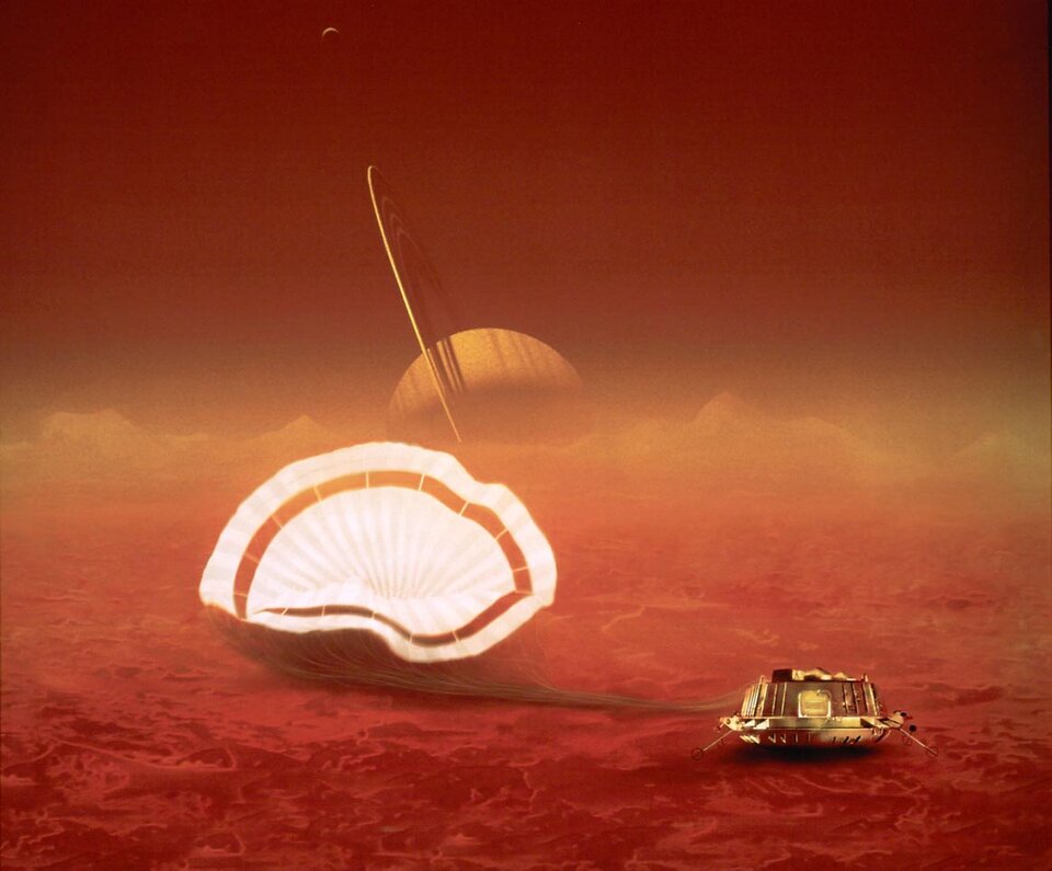 Impressie van de sonde Huygens op het oppervlak van Titan