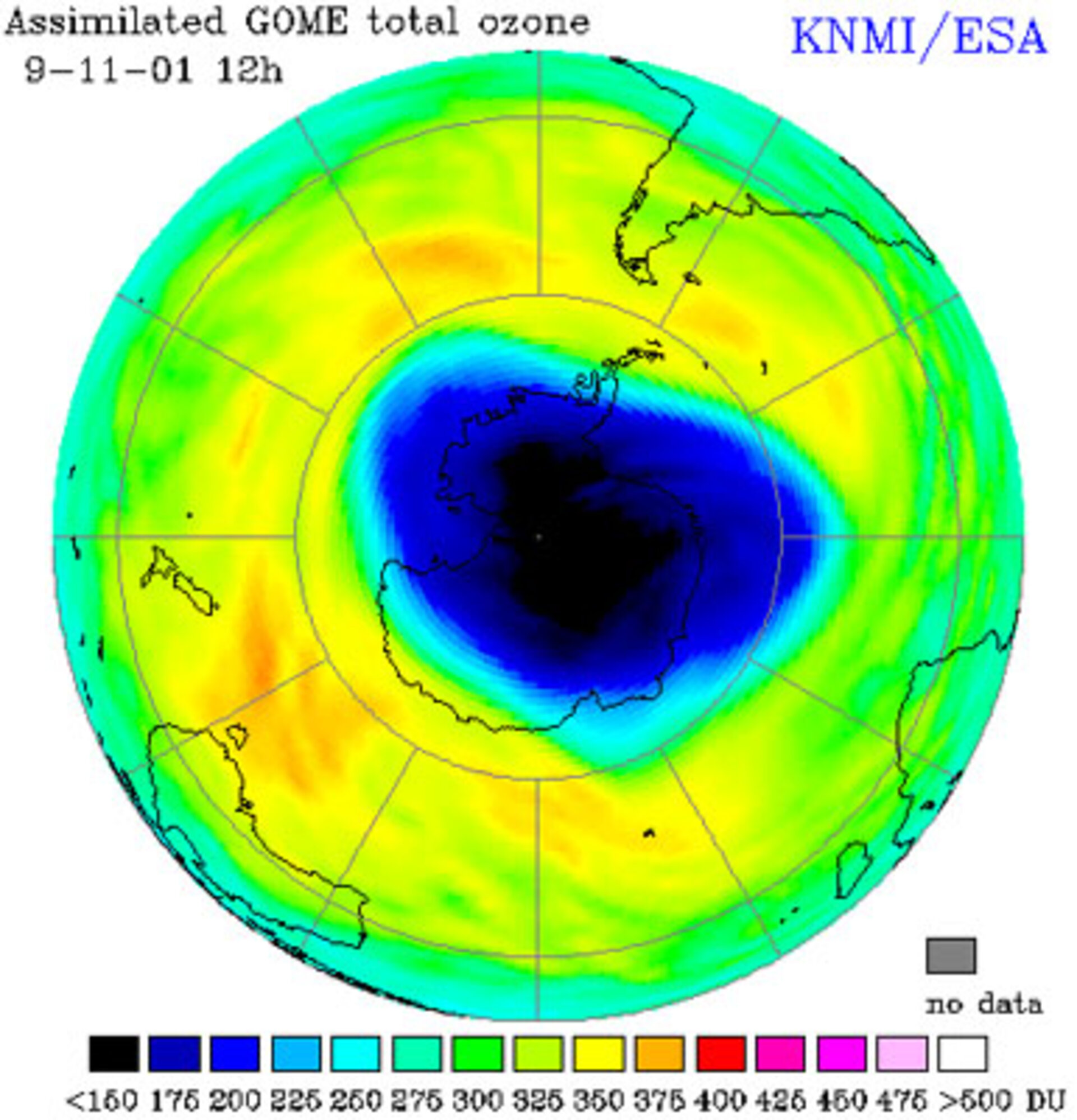 Ozone hole over the south pole 9 November 2001