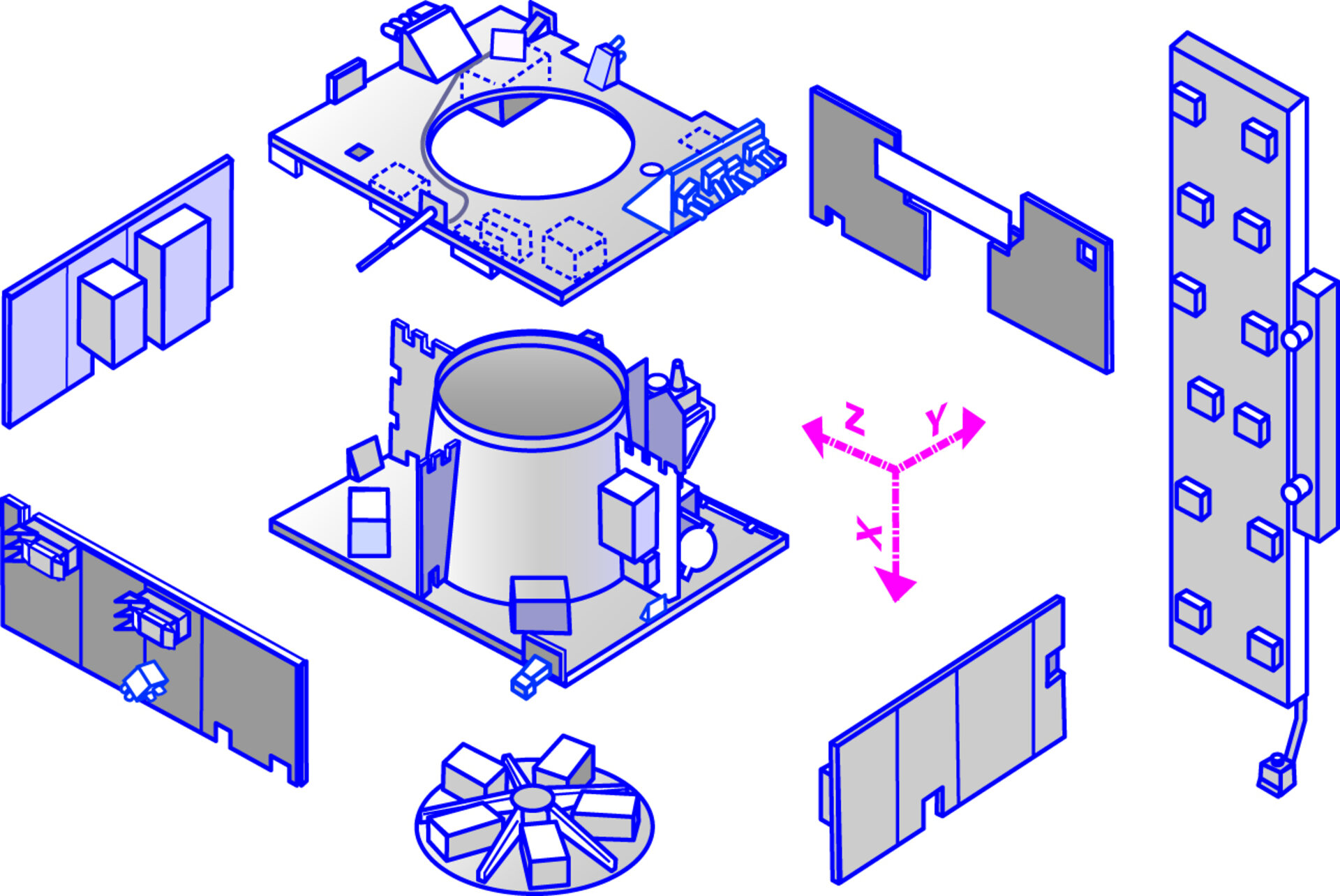 Exploded view of main subsystems (view 1)