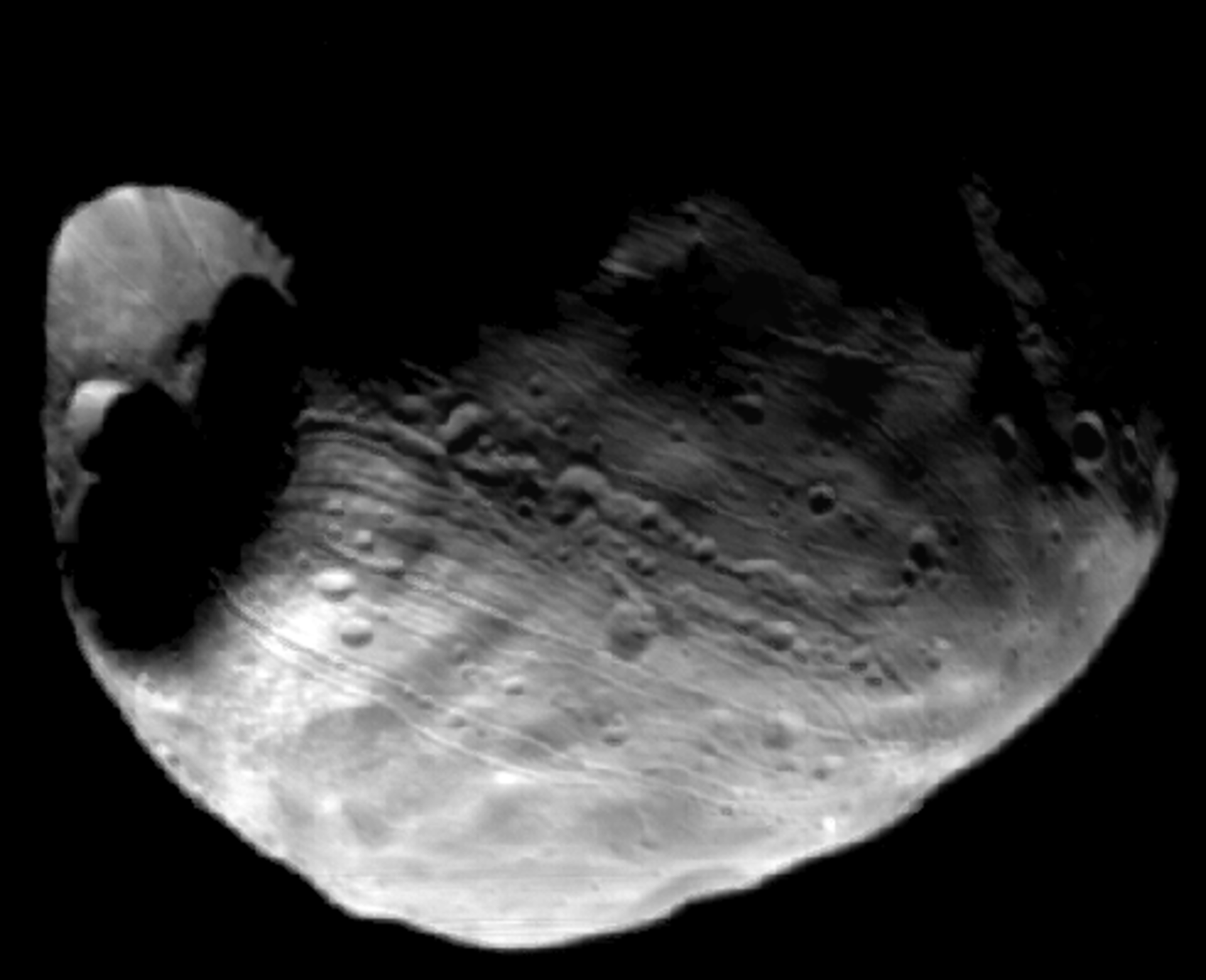 The giant Stickney crater on Phobos is clearly visible on this Viking image