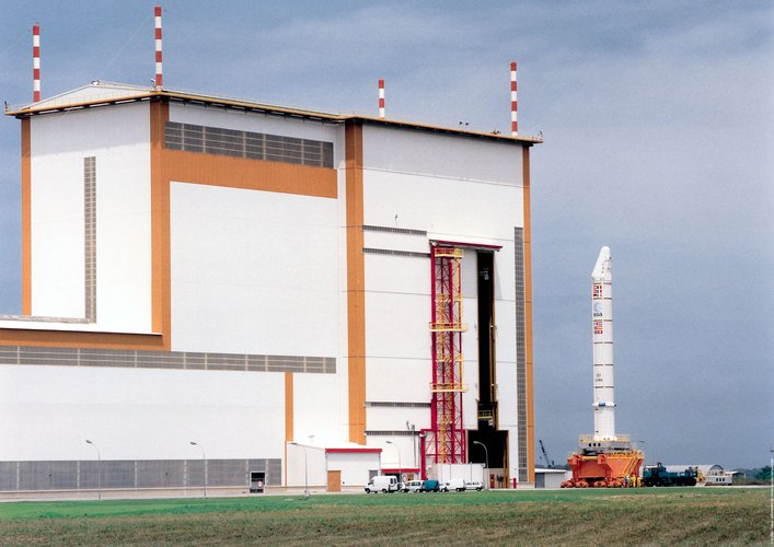 Ariane booster  being transferred to the Launcher Integration Buiding