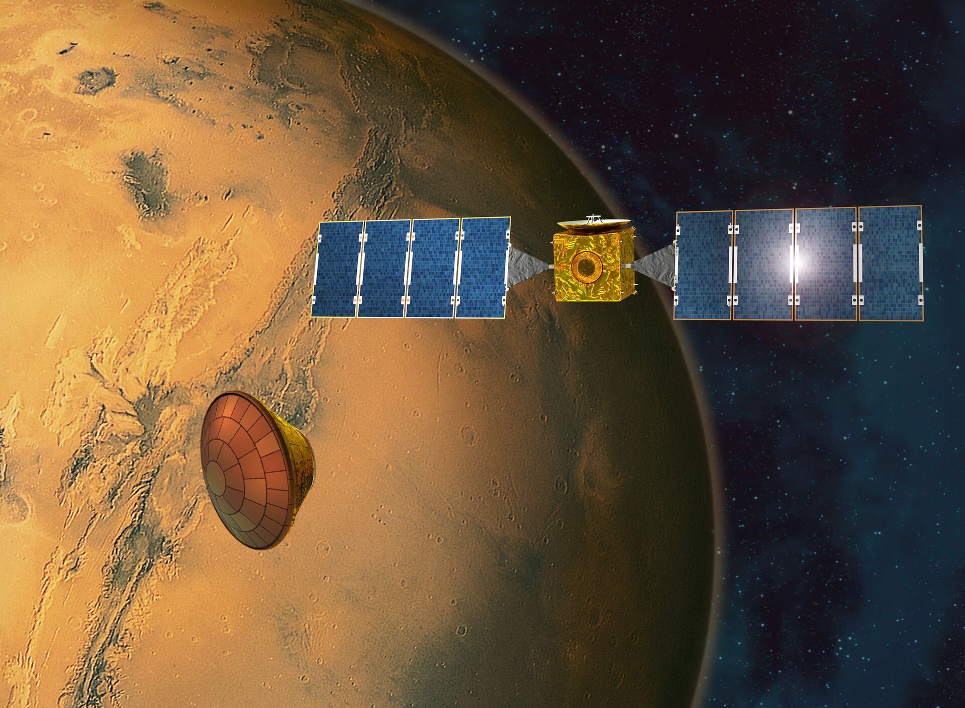 Zo zal Beagle 2 zich van Mars Express afscheiden op weg naar een landing op Mars
