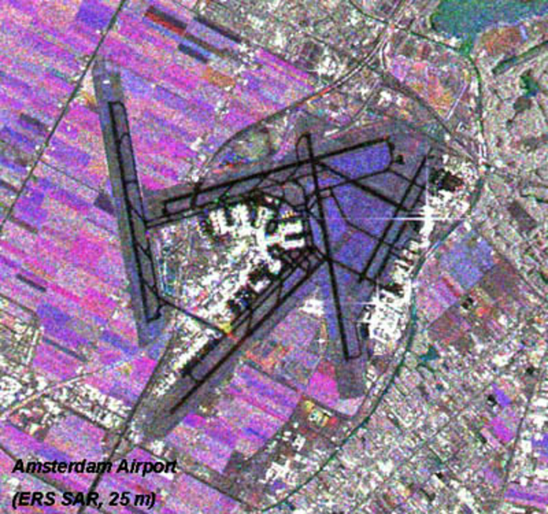 Satellite image showing agricultural fields surronding the Schipol airport