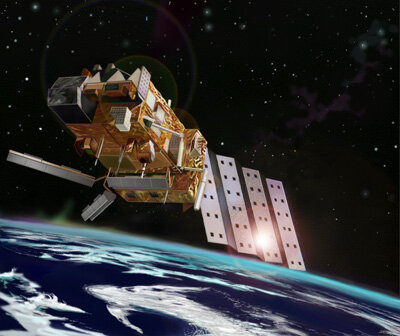 The scatterometer's three pairs of antennas dominate MetOp