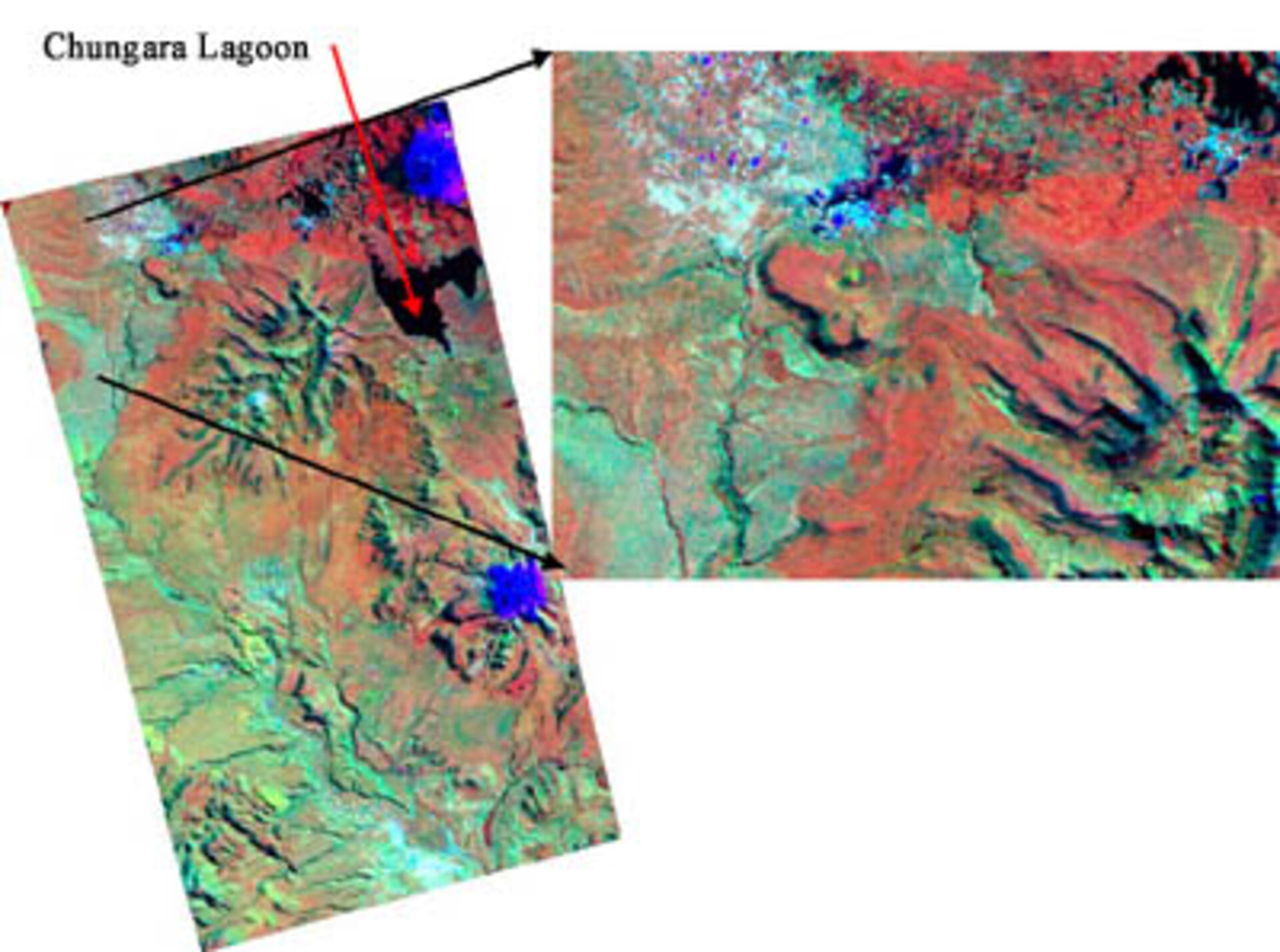 A colour-composite image of the area near Chile's Chungara Lagoon