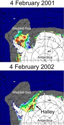 Satelliittikuvat paljastavat ahtojäätilanteen helmikuun alussa vuosina 2001 ja 2002.