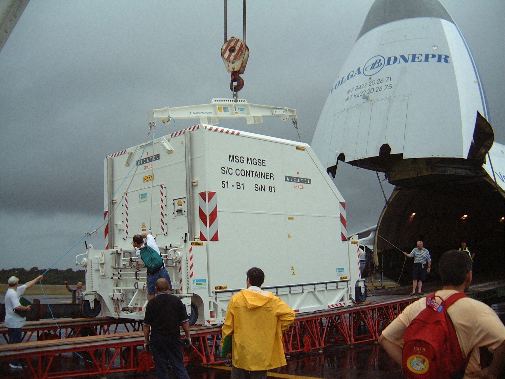 The new European meteorological satellite Meteosat Second Generation unloaded in Kourou, French Guiana