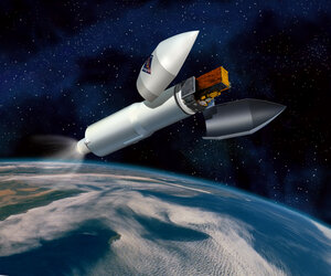 An artist's impression of the Integral and Proton: the launcher with its payload