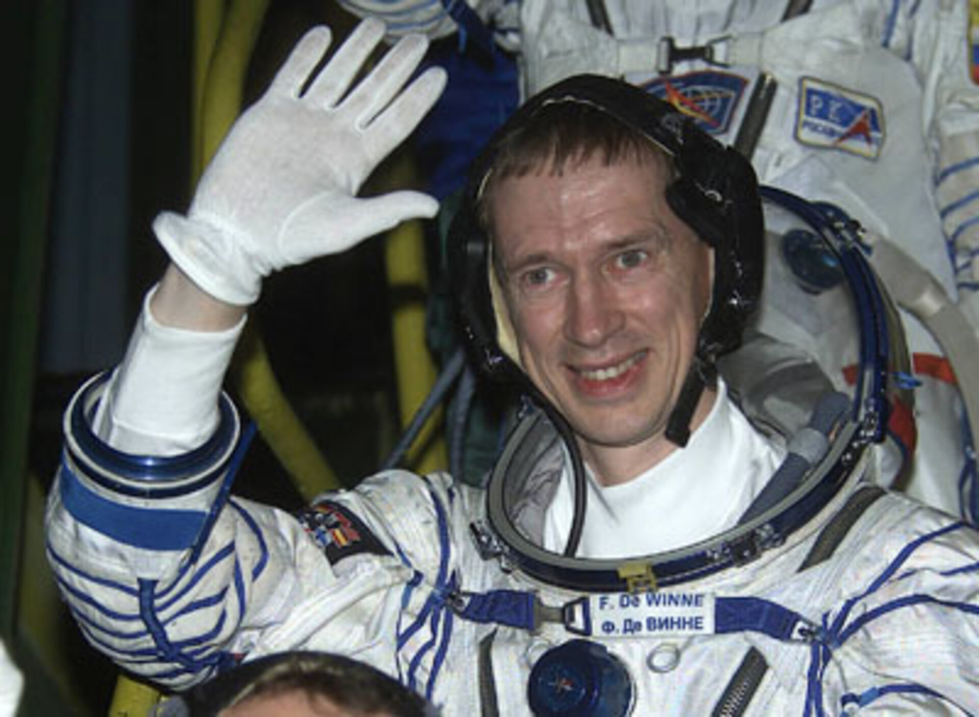 Frank De Winne going up to the TMA Soyuz capsule , Baikonour, 30th October 2002