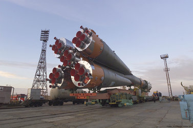 Soyuz launcher is rolled out to the launch pad