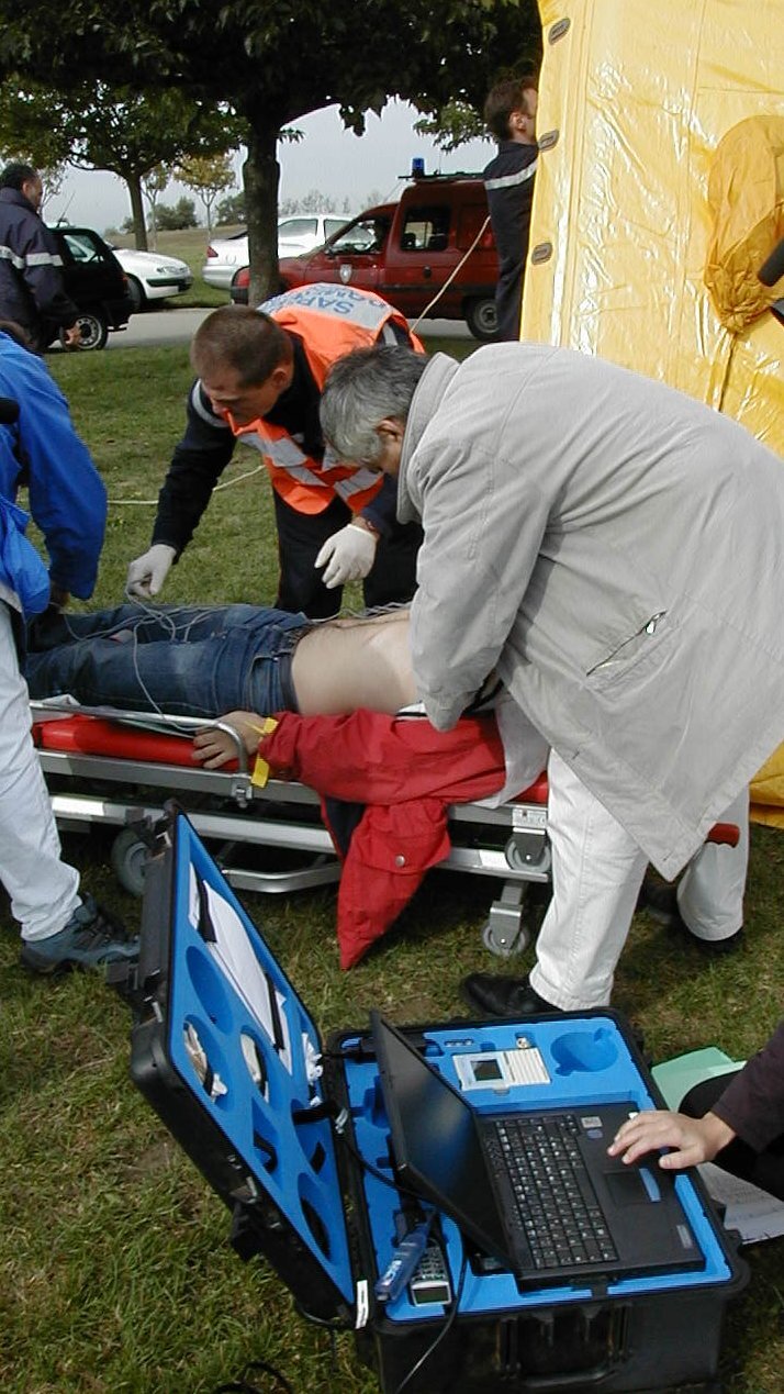 A 'victim' being taken to the mobile field hospital