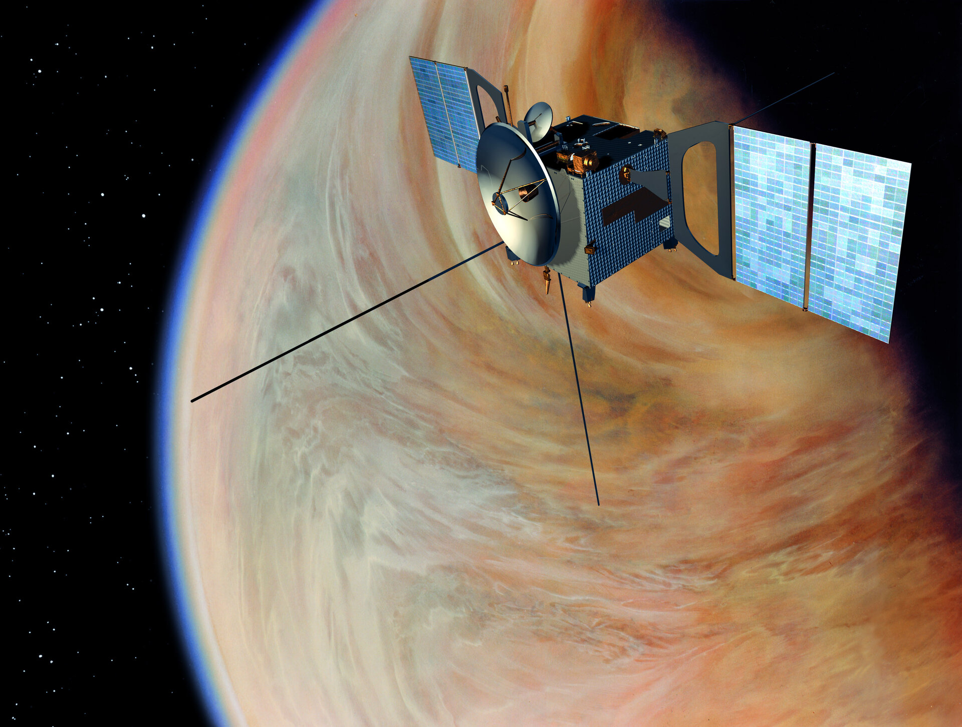 Venus Express kiertämässä pilvien verhoamaa naapuriplaneettaamme.