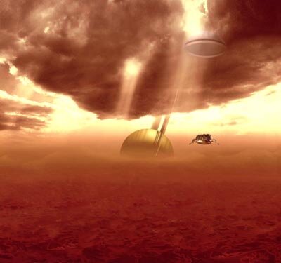 A sonda Huygens passando através da atmosfera de Titã