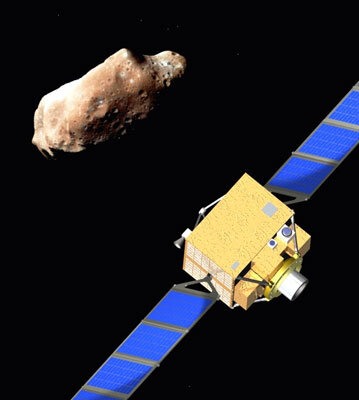 SIMONE-suunnitelman mikrosatelliitti ohittamassa asteroidia