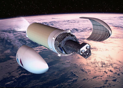 Artist's impression van de lancering van XMM-Newton door een Ariane-5 raket. De satelliet maakt zich hier net los van de draagraket.