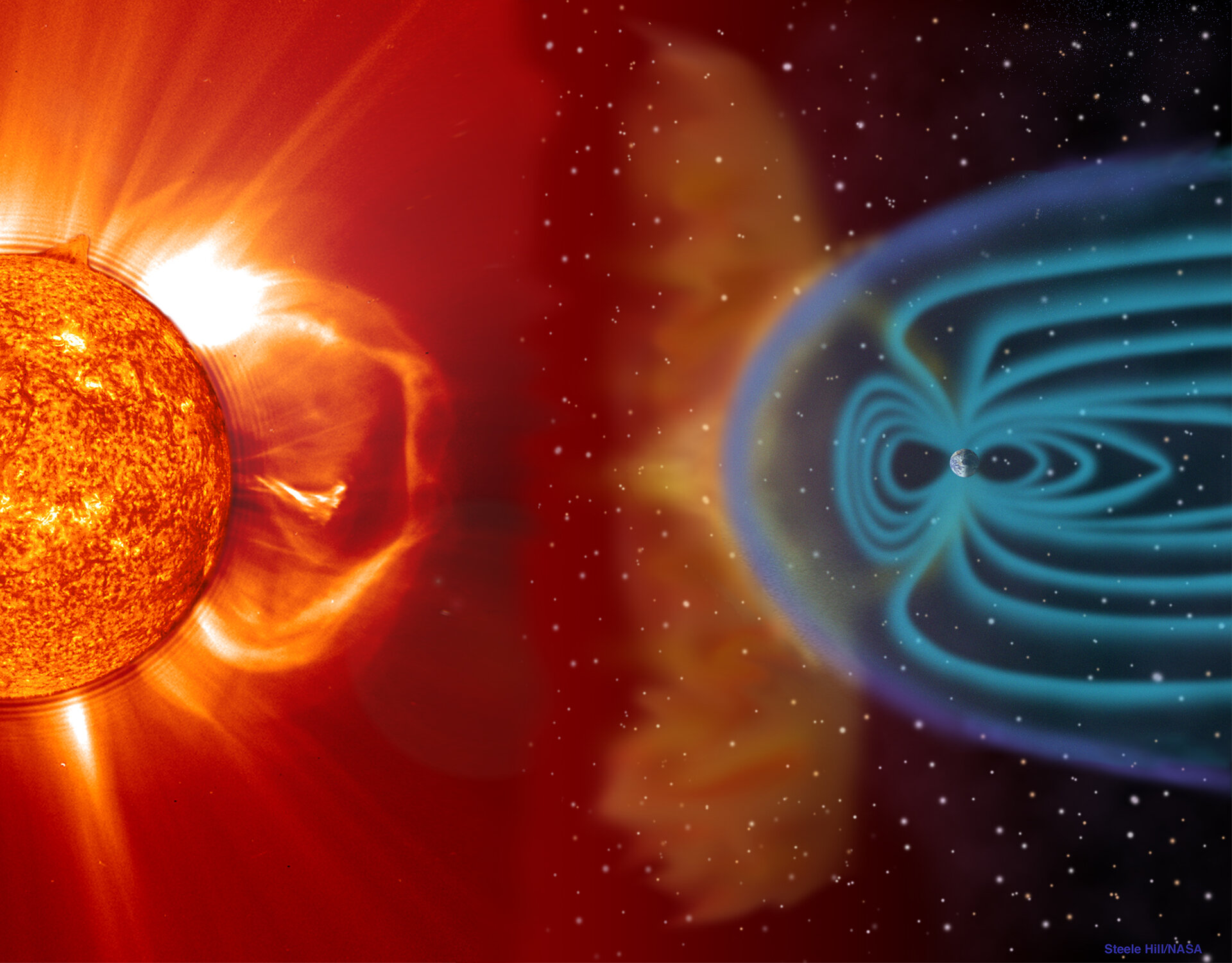 Coronal mass ejection (CME) blast and subsequent impact at Earth