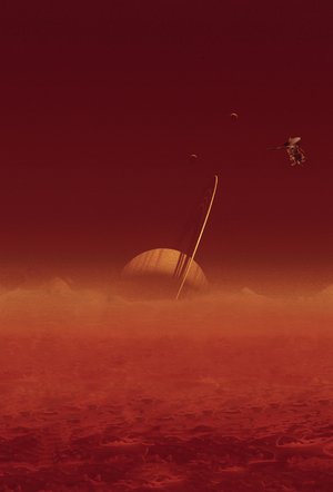 Saturn, as seen from Titan, with Cassini just visible