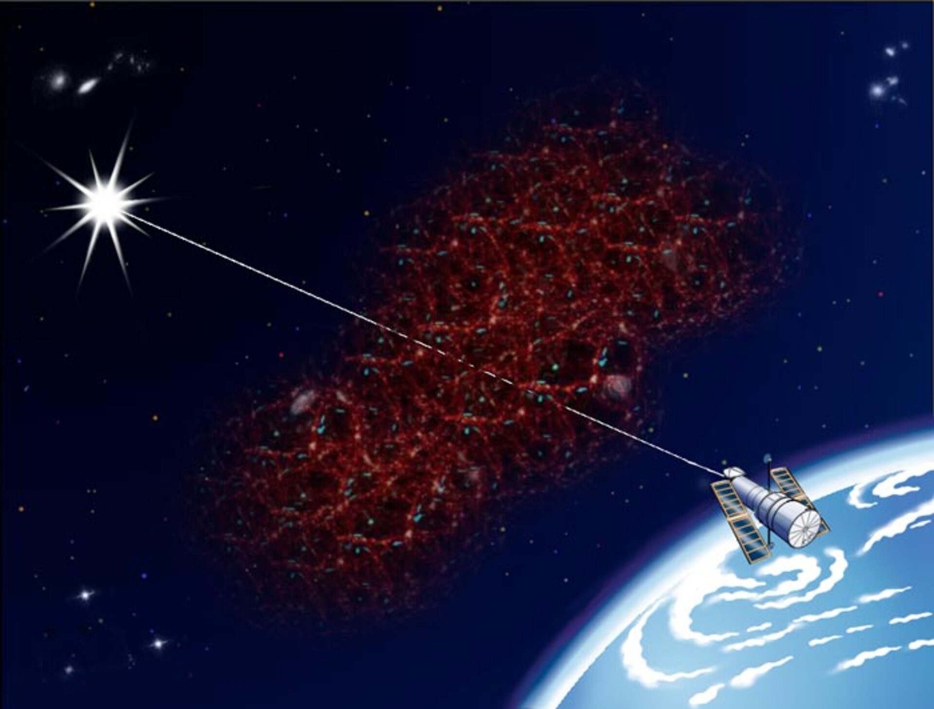 Artist's impression of Hubble detecting vast filaments of invisible hydrogen