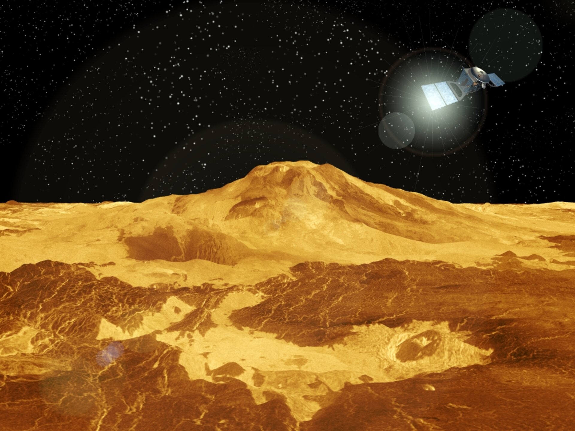Artist's impression of Venus Express approching the Venusian surface