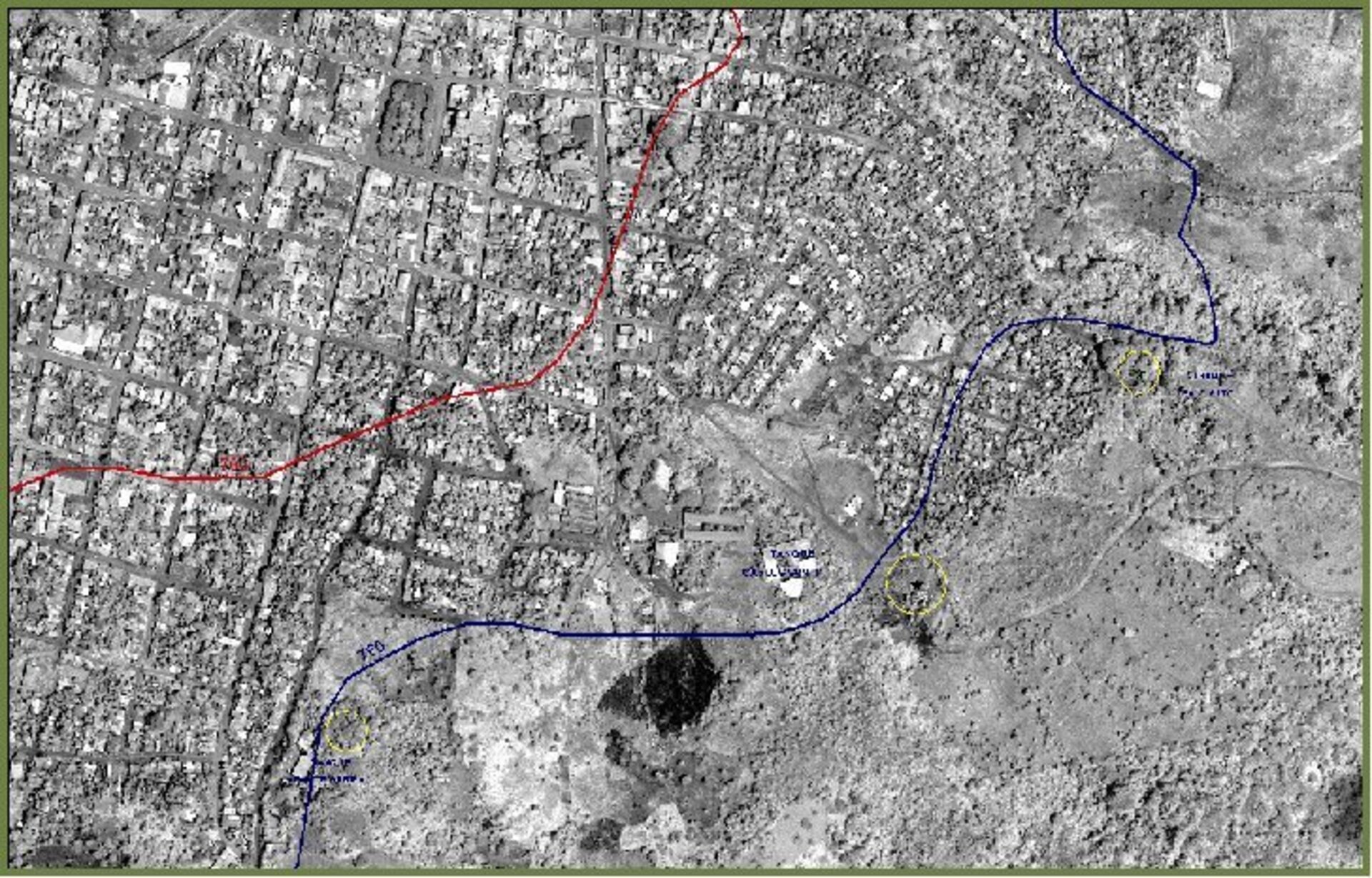 A high-res satellite image of Matagalpa, showing the limits of the local water supply