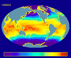 Monthly Sea Surface Temperature from Jan 1995, 0 to 32 degrees C