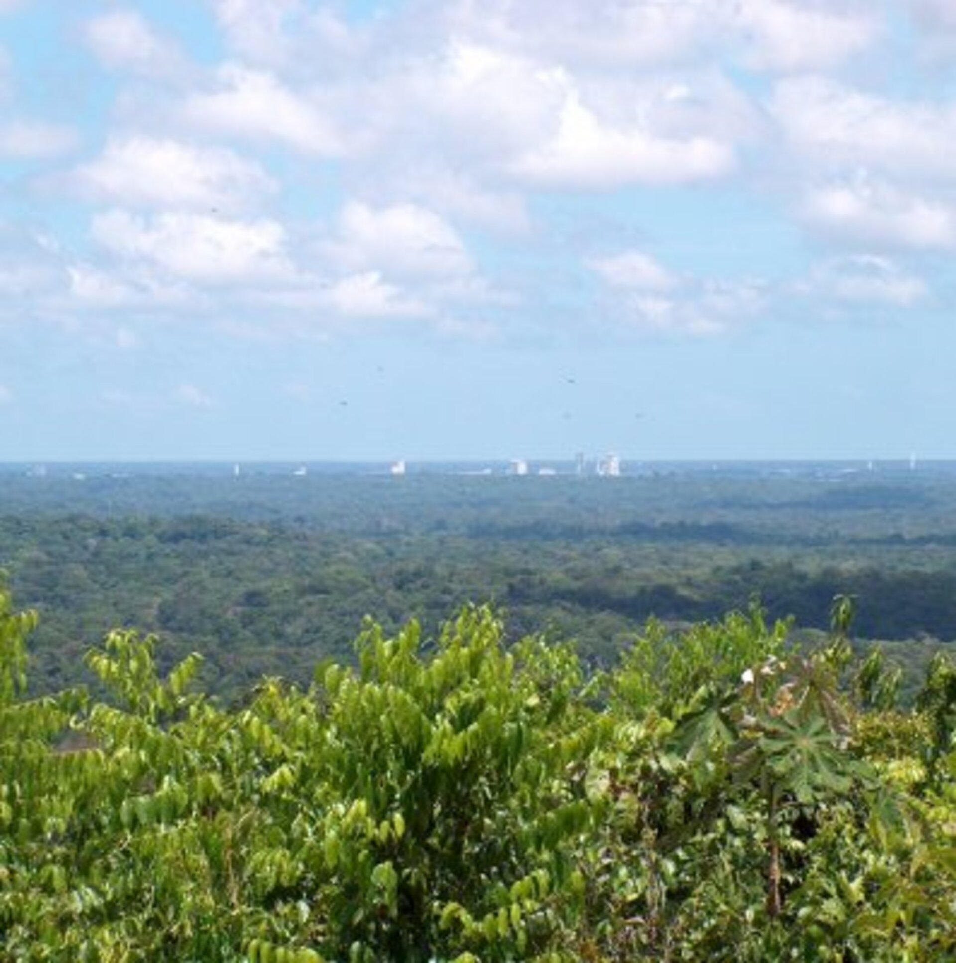 The Ariane 4 and 5 (right) launch complexes as seen from the Mont des Singes