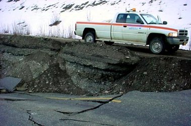An Alaska highway cracked by the Denali quake