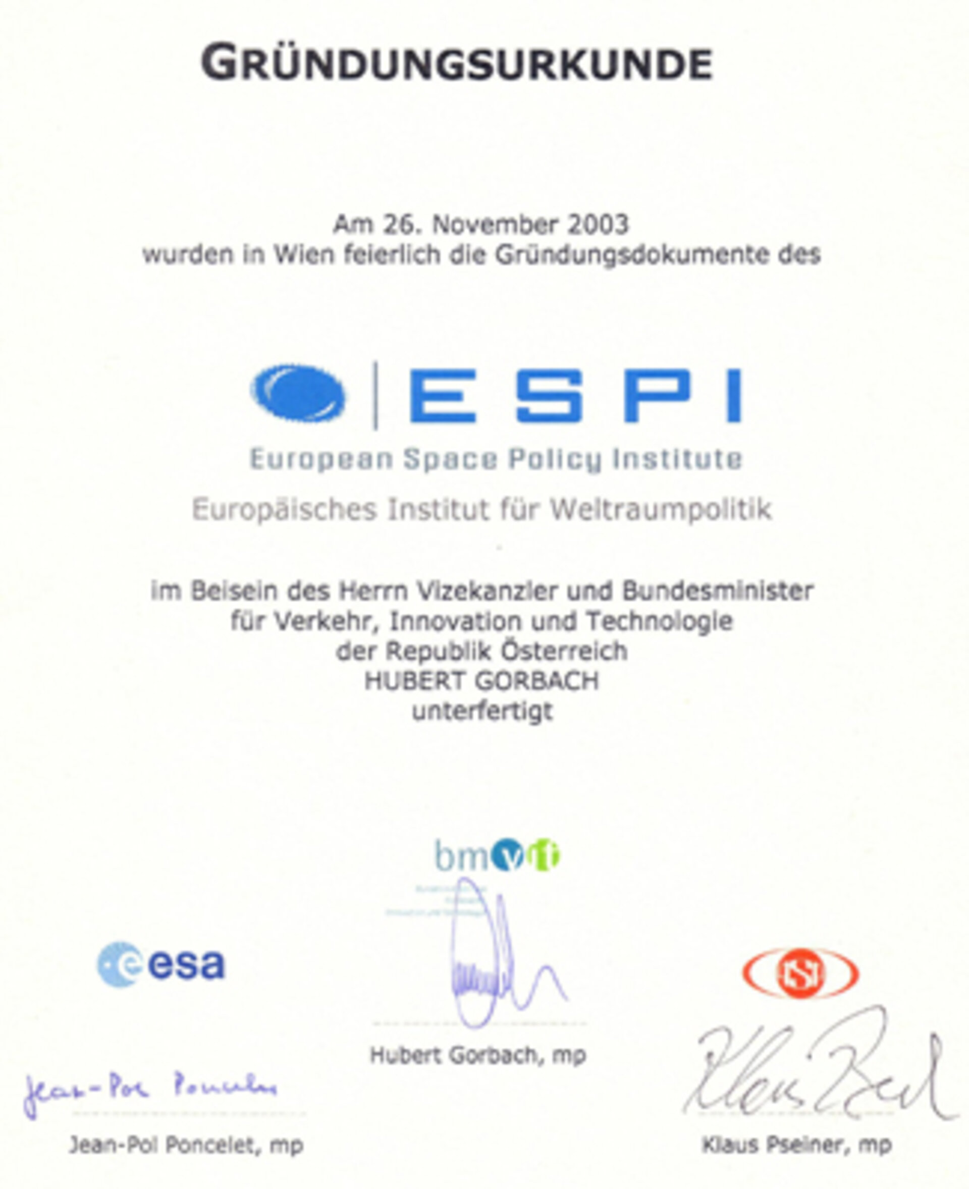 Gründungsurkunde des Europäischen Instituts für Weltraumpolitik