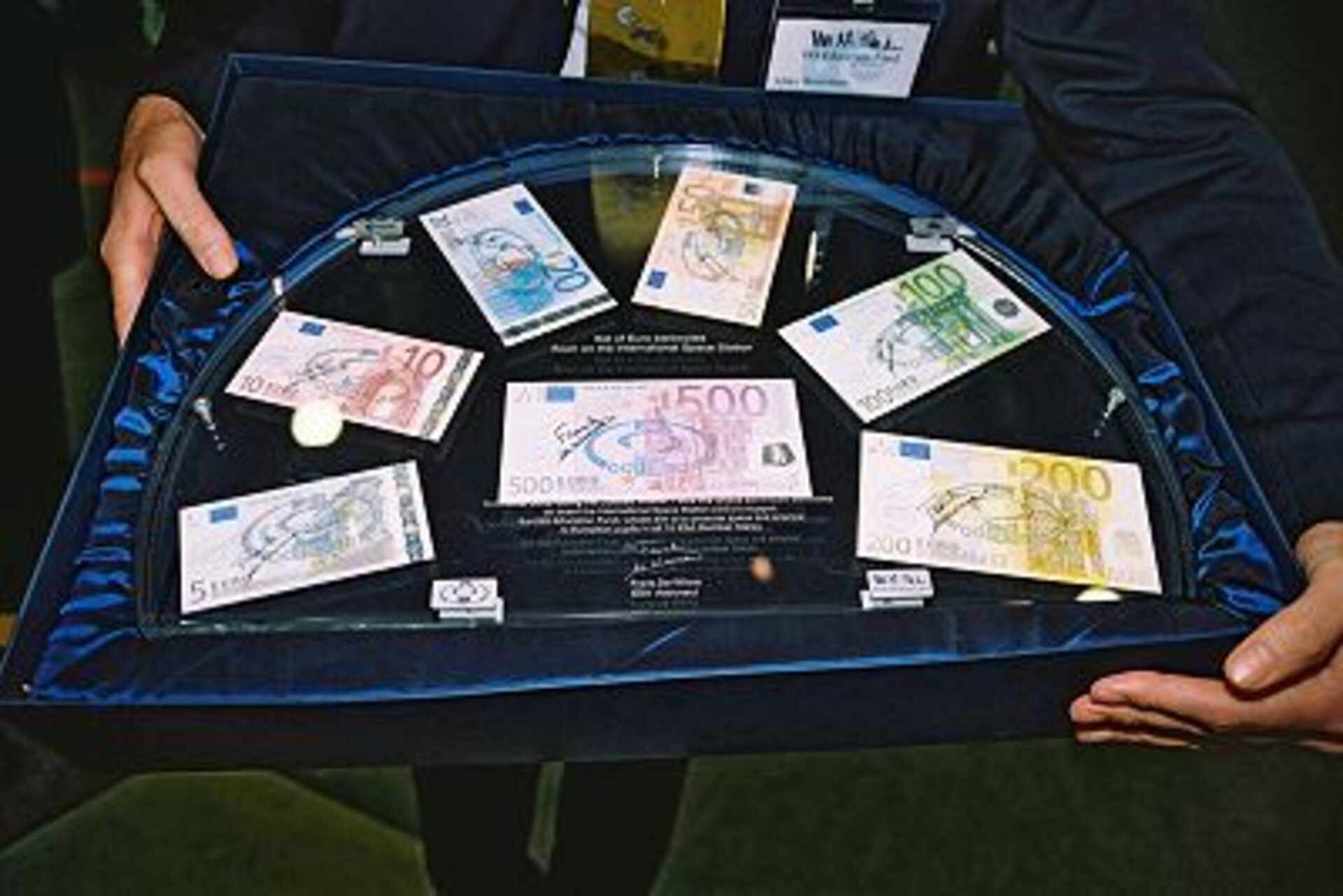 A complete set of seven Euro banknotes which flew to the ISS in October 2002