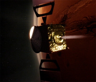 Mars Express orbiter's main engine is firing for Mars Orbit Insertion (MOI).