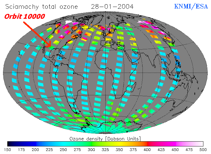 Otsonikeskittymä SCIAMACHY-instrumentin mittaamana.