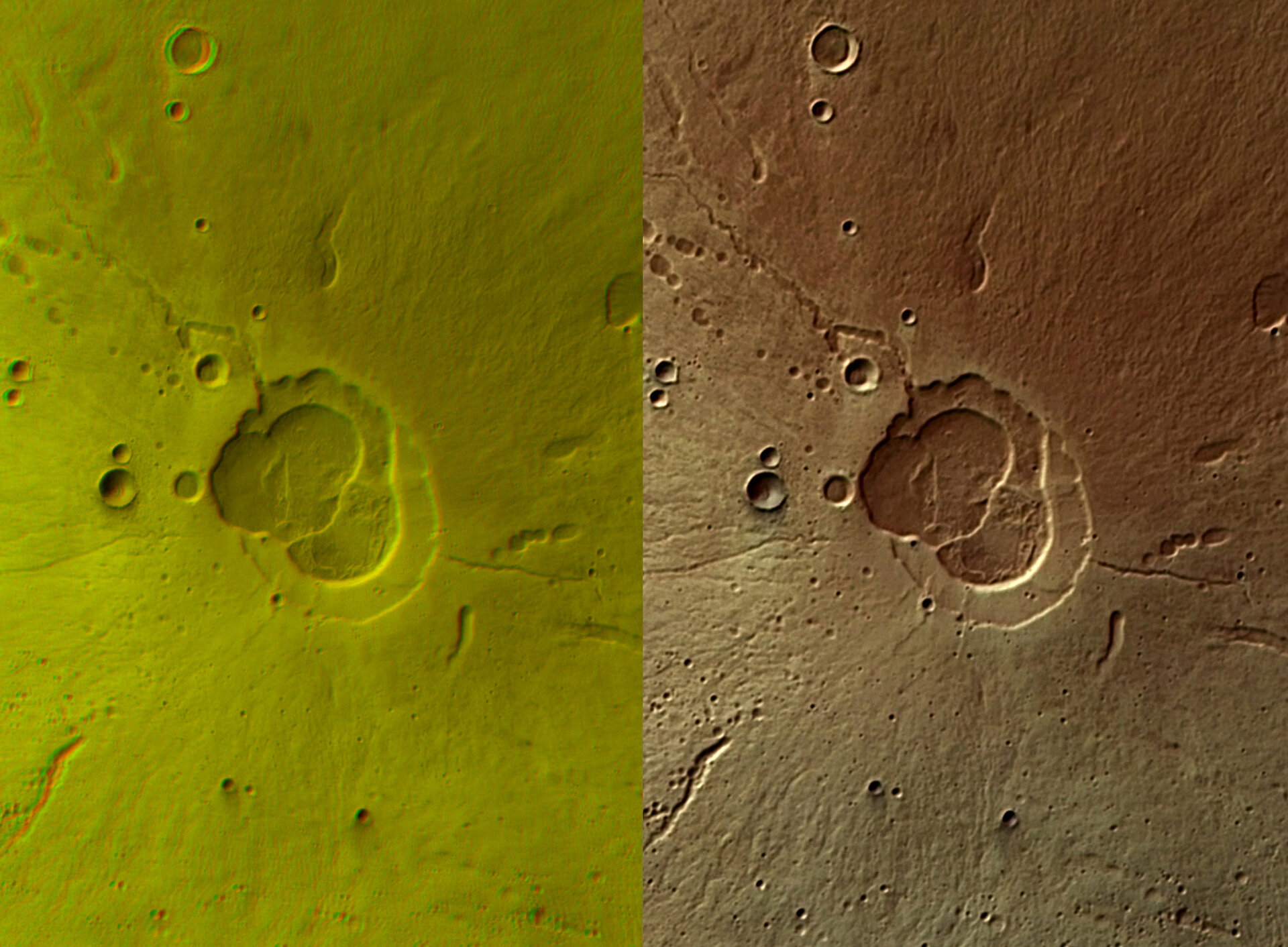 Hecates Tholus volcano in 3D and in colour