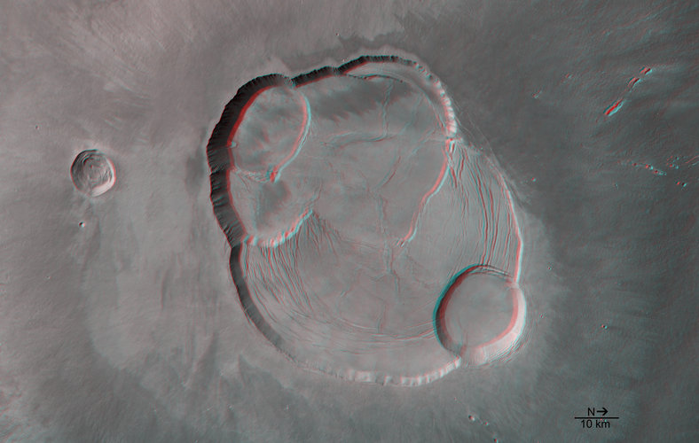 Detail of the complex caldera of Olympus Mons in 3D