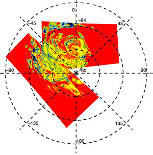 OMEGA view of Martian south pole, showing water ice areas (blue)