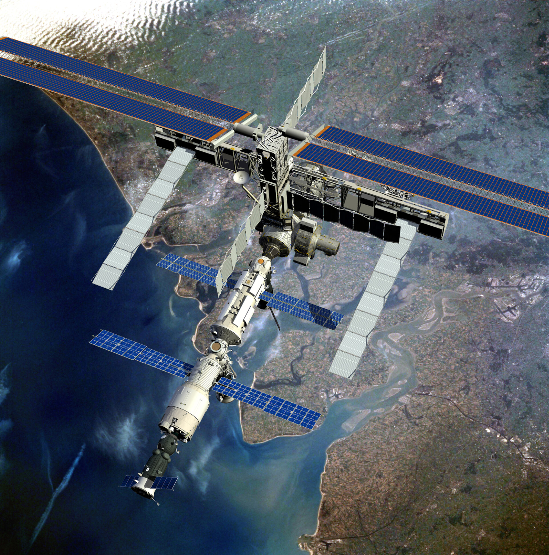 Artist's impression showing the current configuration of ISS as it passes over the Dutch coast