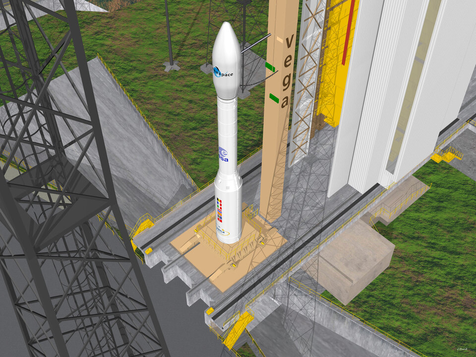 Een Vega-raket op het lanceerplatform