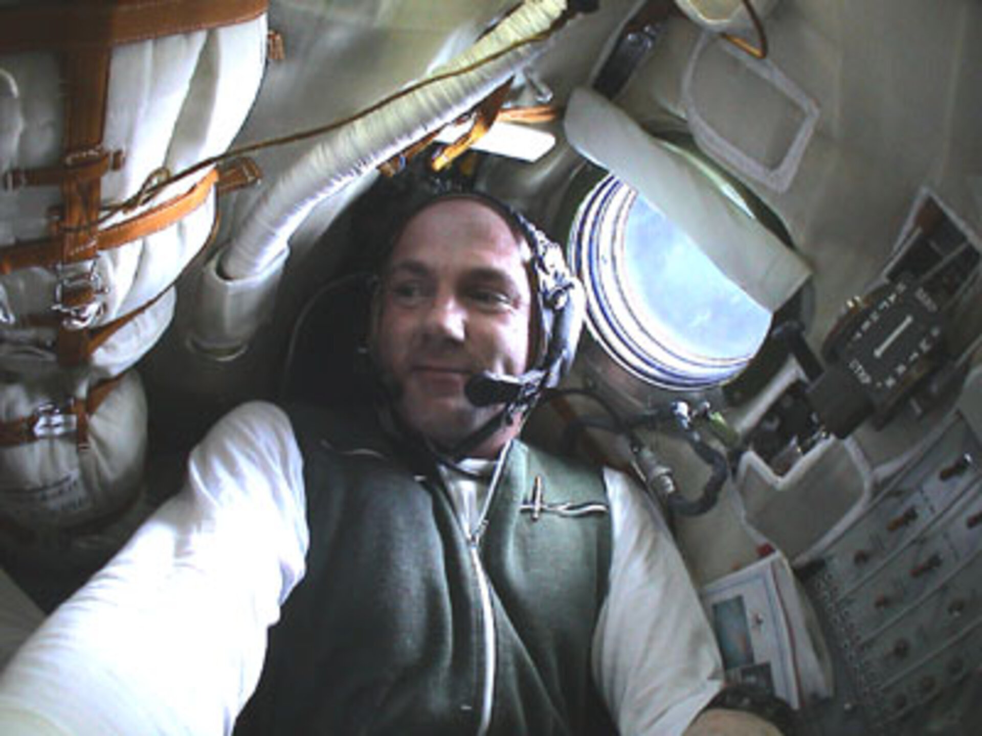 ESA astronaut André Kuipers in the Soyuz capsule after launch before reaching ISS