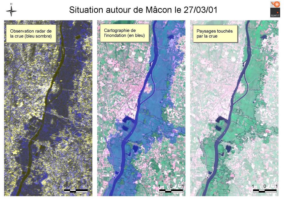 Images par satellite des inondations près de Mâcon en 2001.