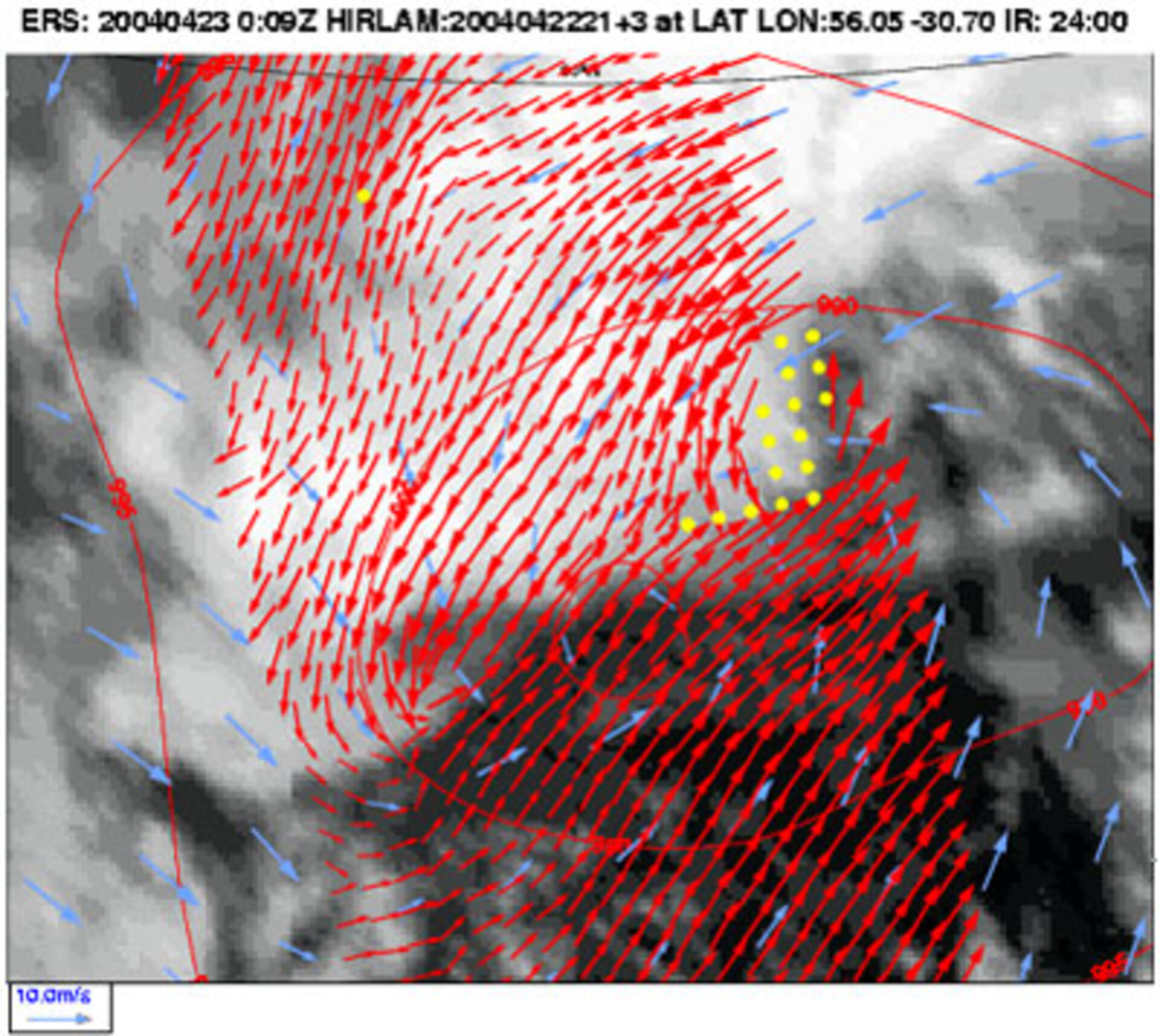 Scatterometer plot of complex low west of Ireland