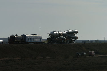 Soyuz launcher is rolled out to the launch pad